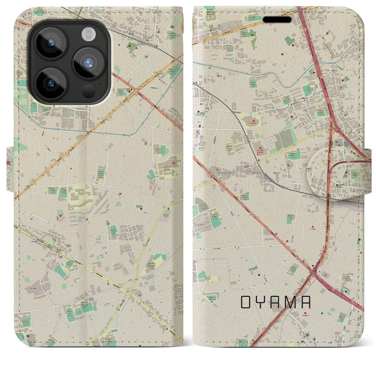 【大山(東京都)】地図柄iPhoneケース(手帳タイプ)ナチュラル・iPhone 15 Pro Max 用
