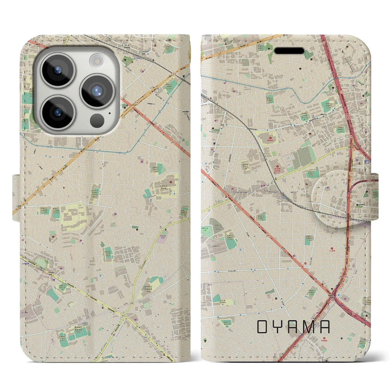 【大山(東京都)】地図柄iPhoneケース(手帳タイプ)ナチュラル・iPhone 15 Pro 用