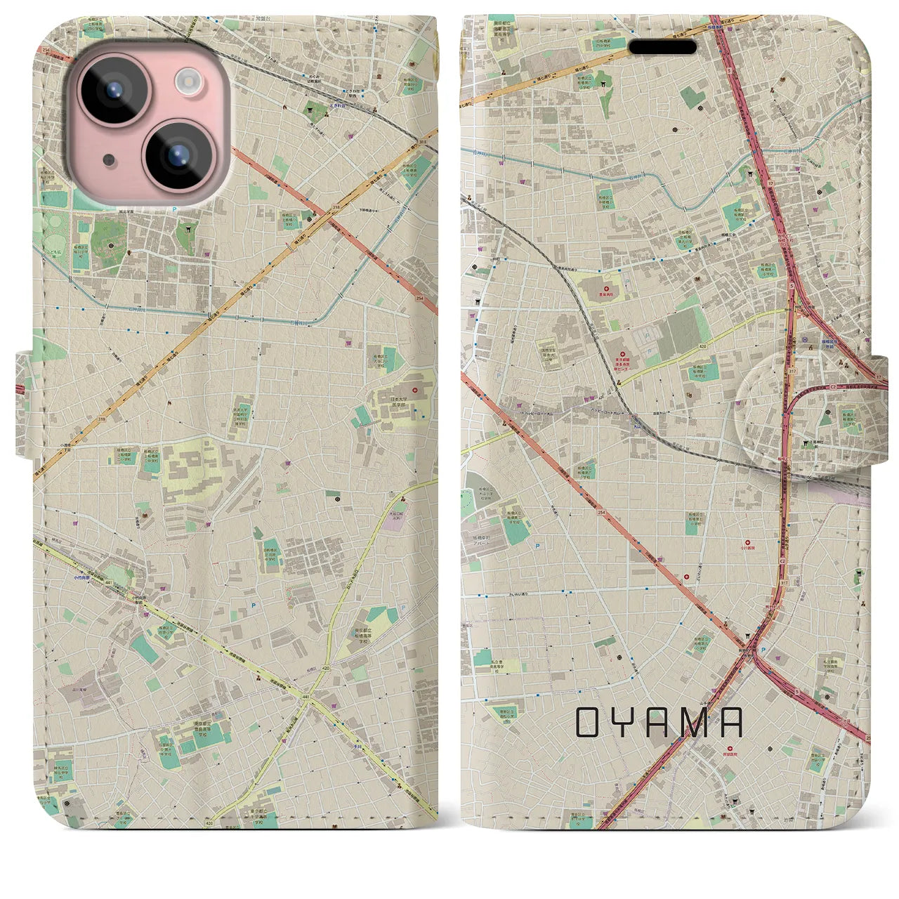 【大山(東京都)】地図柄iPhoneケース(手帳タイプ)ナチュラル・iPhone 15 Plus 用