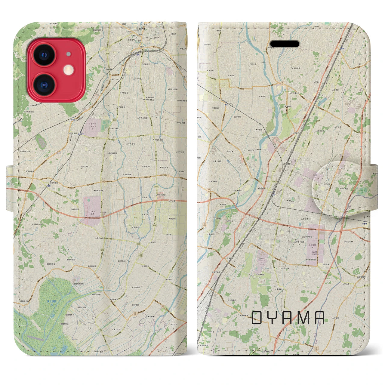 【小山(栃木県)】地図柄iPhoneケース(手帳タイプ)ナチュラル・iPhone 11 用