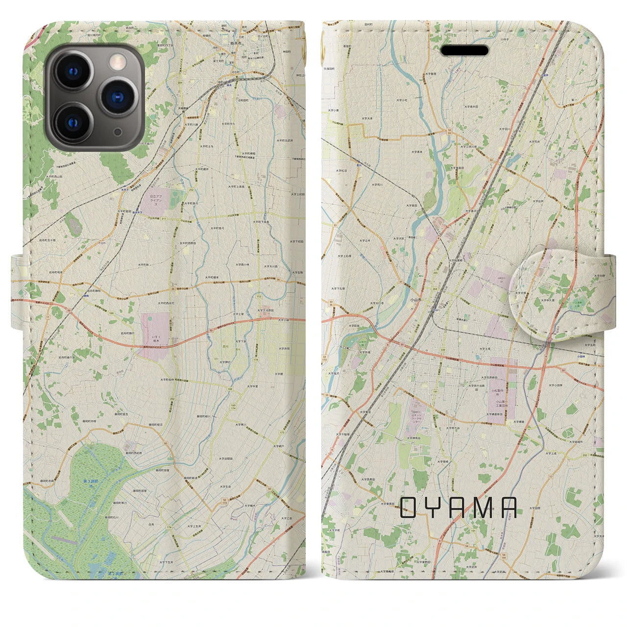 【小山(栃木県)】地図柄iPhoneケース(手帳タイプ)ナチュラル・iPhone 11 Pro Max 用