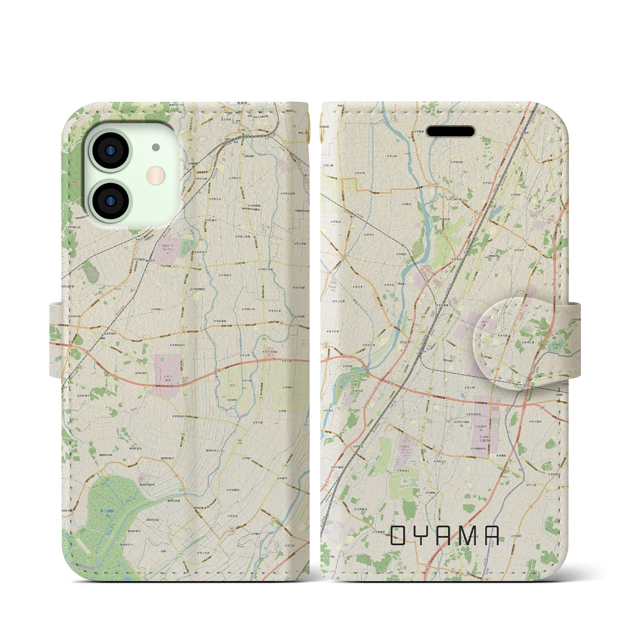 【小山(栃木県)】地図柄iPhoneケース(手帳タイプ)ナチュラル・iPhone 12 mini 用