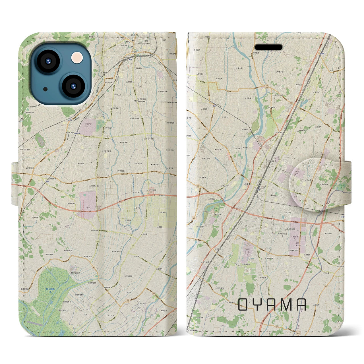【小山(栃木県)】地図柄iPhoneケース(手帳タイプ)ナチュラル・iPhone 13 用