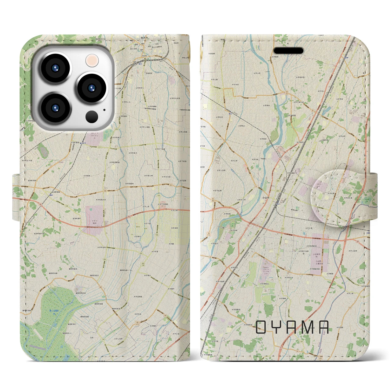 【小山(栃木県)】地図柄iPhoneケース(手帳タイプ)ナチュラル・iPhone 13 Pro 用