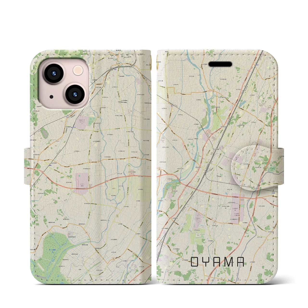【小山(栃木県)】地図柄iPhoneケース(手帳タイプ)ナチュラル・iPhone 13 mini 用