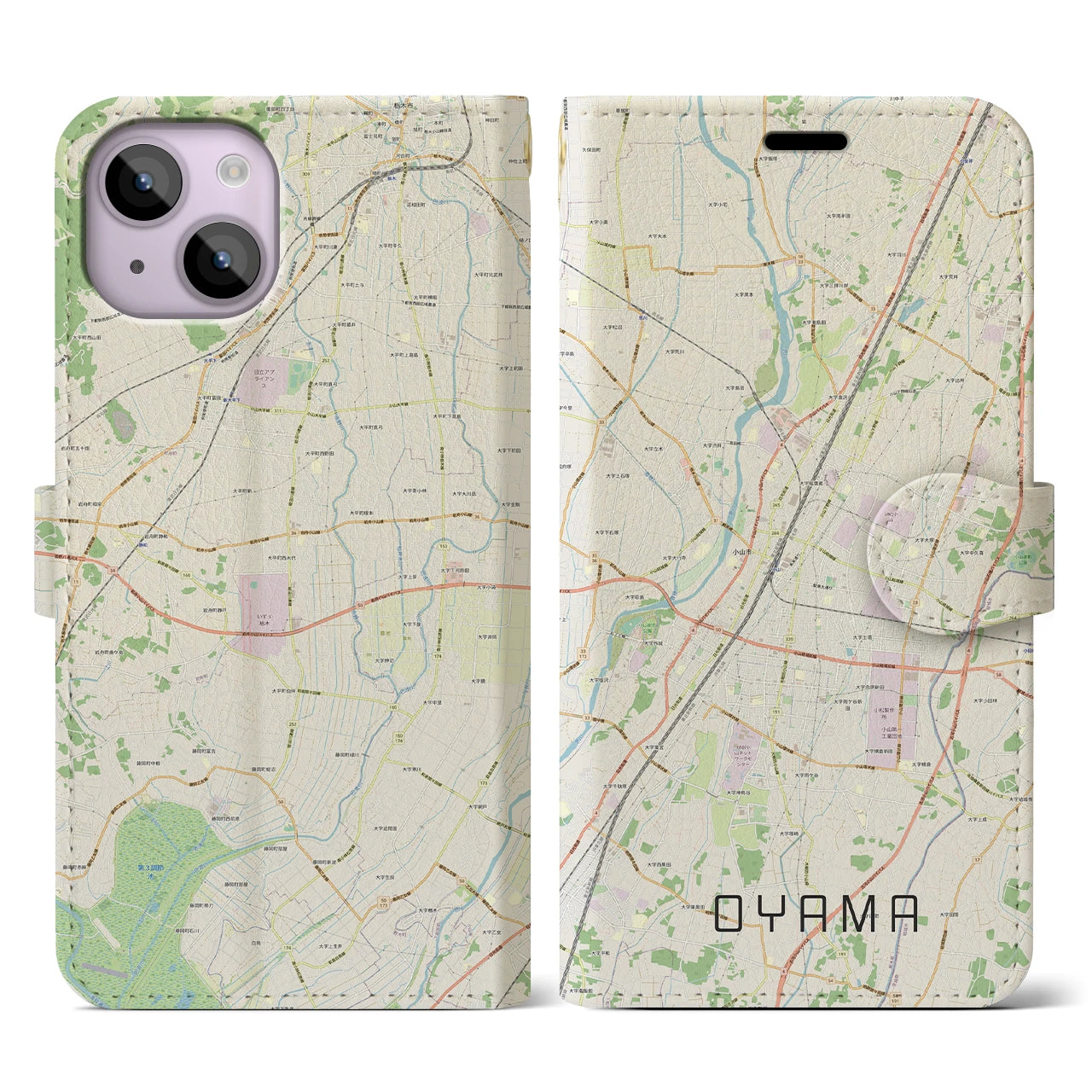 【小山(栃木県)】地図柄iPhoneケース(手帳タイプ)ナチュラル・iPhone 14 用