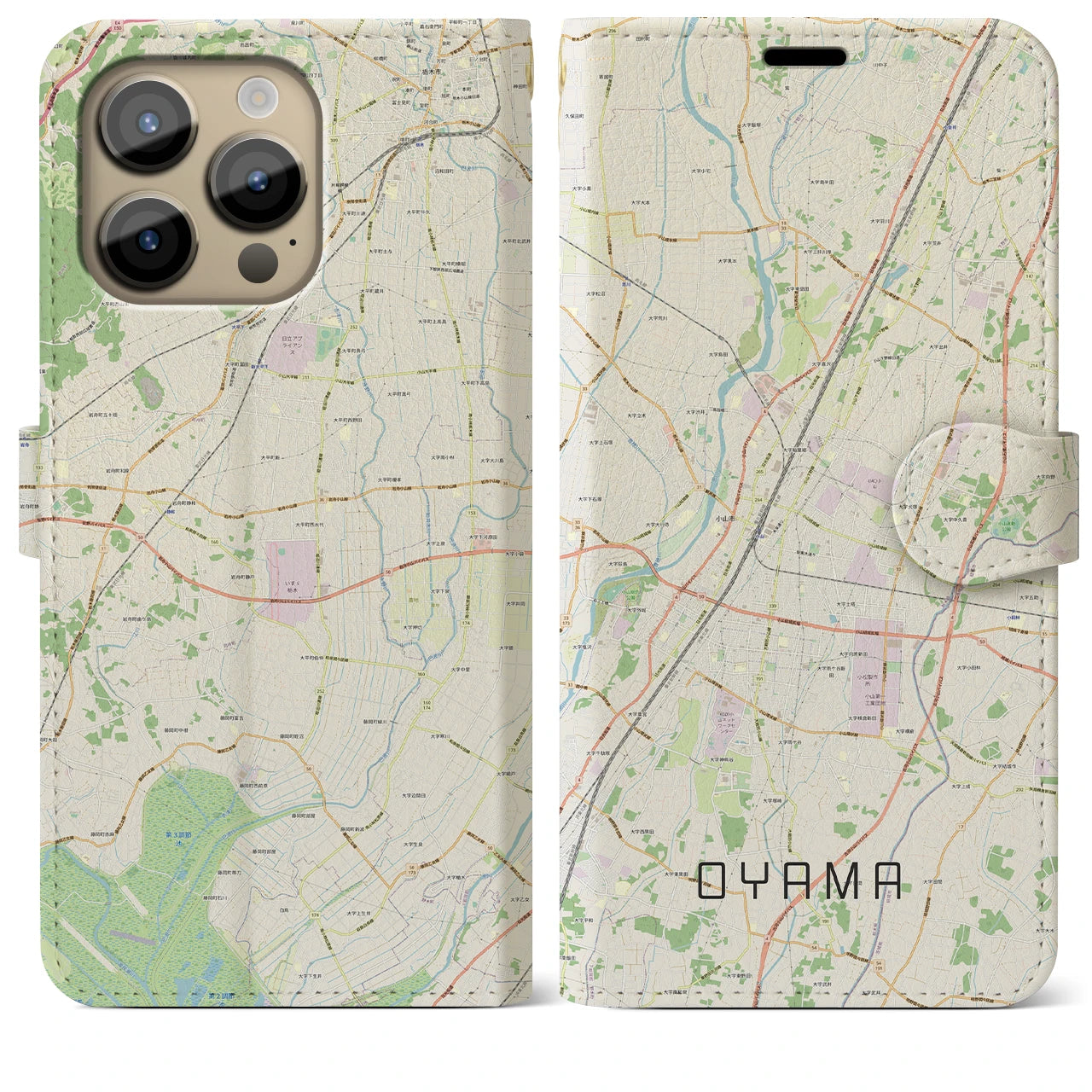 【小山(栃木県)】地図柄iPhoneケース(手帳タイプ)ナチュラル・iPhone 14 Pro Max 用