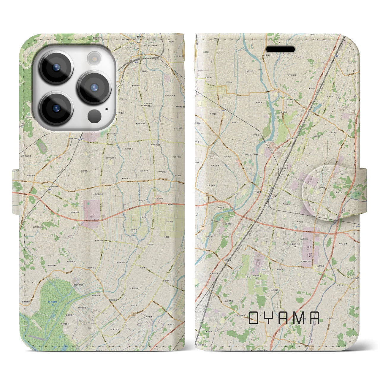 【小山(栃木県)】地図柄iPhoneケース(手帳タイプ)ナチュラル・iPhone 14 Pro 用