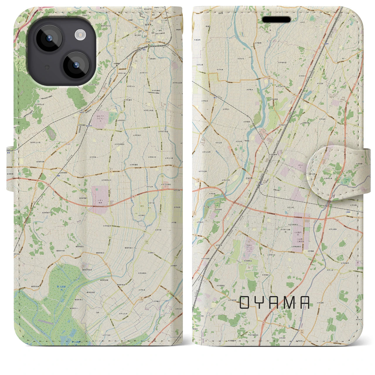 【小山(栃木県)】地図柄iPhoneケース(手帳タイプ)ナチュラル・iPhone 14 Plus 用