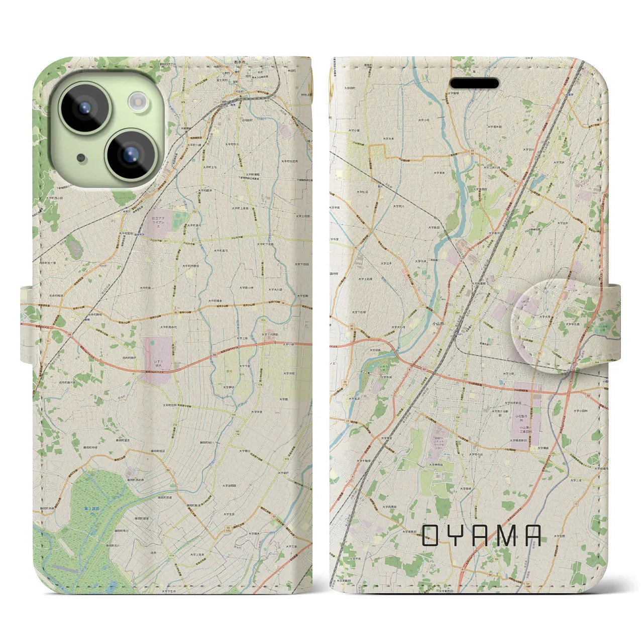 【小山(栃木県)】地図柄iPhoneケース(手帳タイプ)ナチュラル・iPhone 15 用