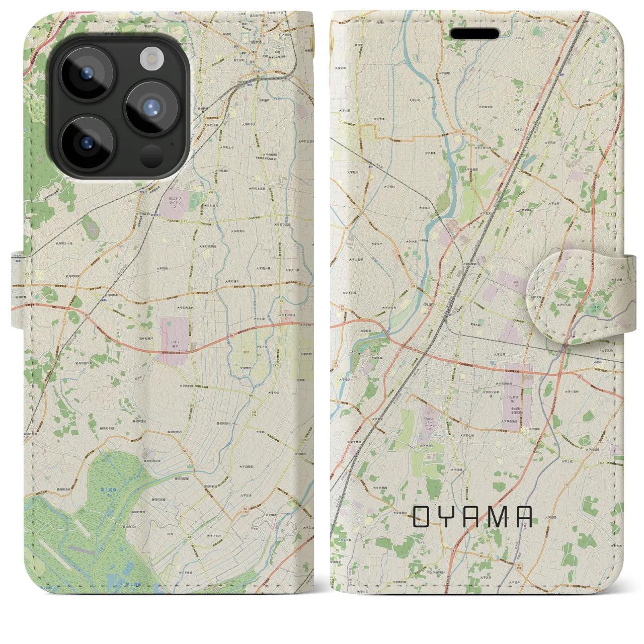 【小山(栃木県)】地図柄iPhoneケース(手帳タイプ)ナチュラル・iPhone 15 Pro Max 用