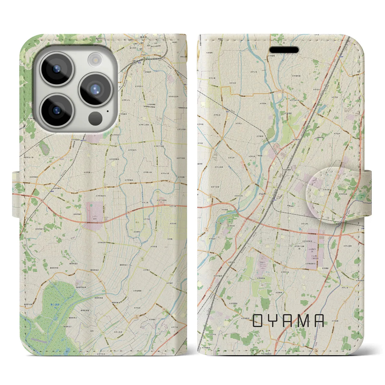 【小山(栃木県)】地図柄iPhoneケース(手帳タイプ)ナチュラル・iPhone 15 Pro 用