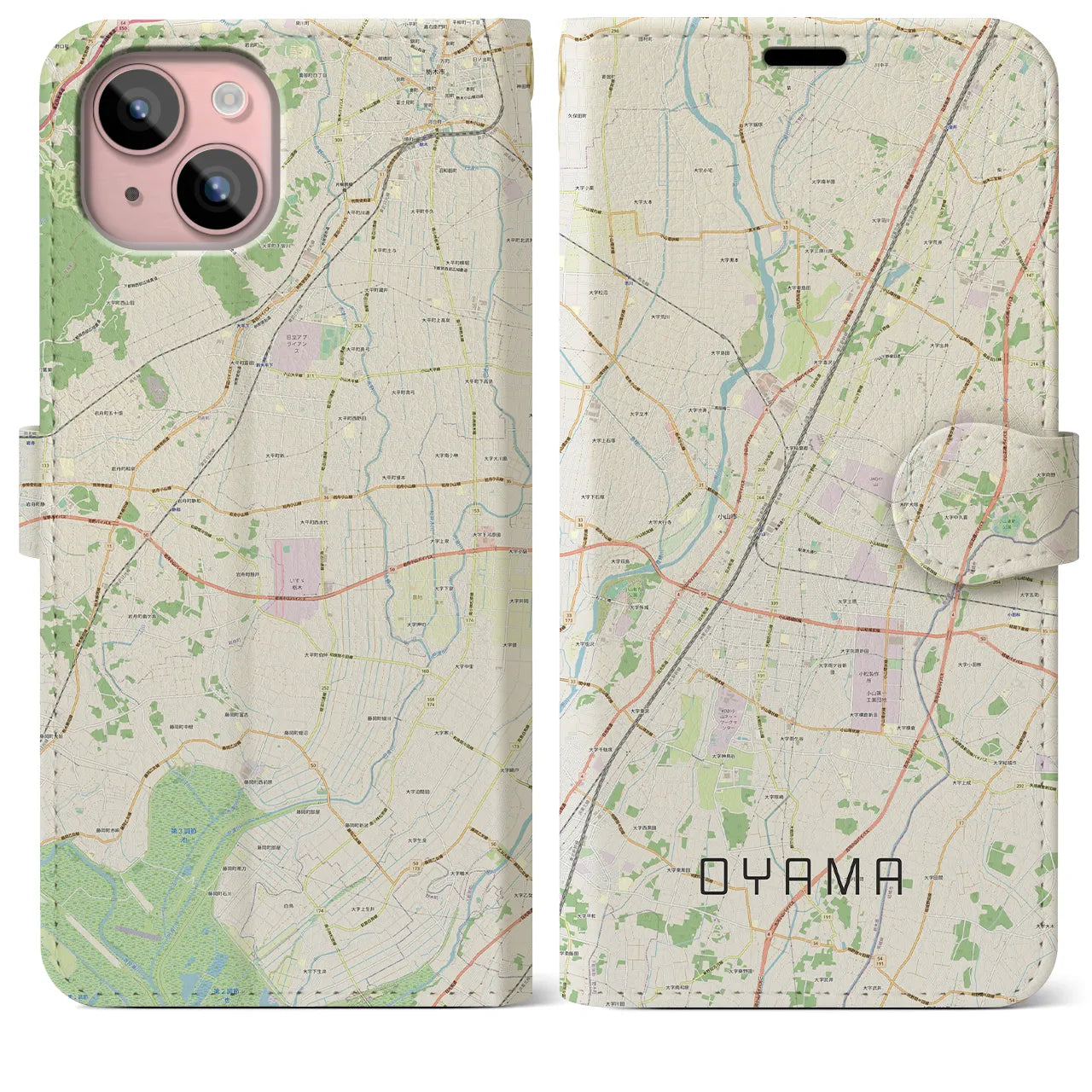 【小山(栃木県)】地図柄iPhoneケース(手帳タイプ)ナチュラル・iPhone 15 Plus 用