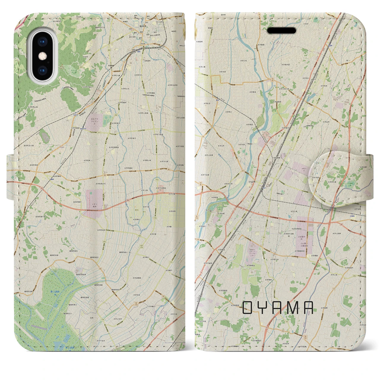 【小山(栃木県)】地図柄iPhoneケース(手帳タイプ)ナチュラル・iPhone XS Max 用