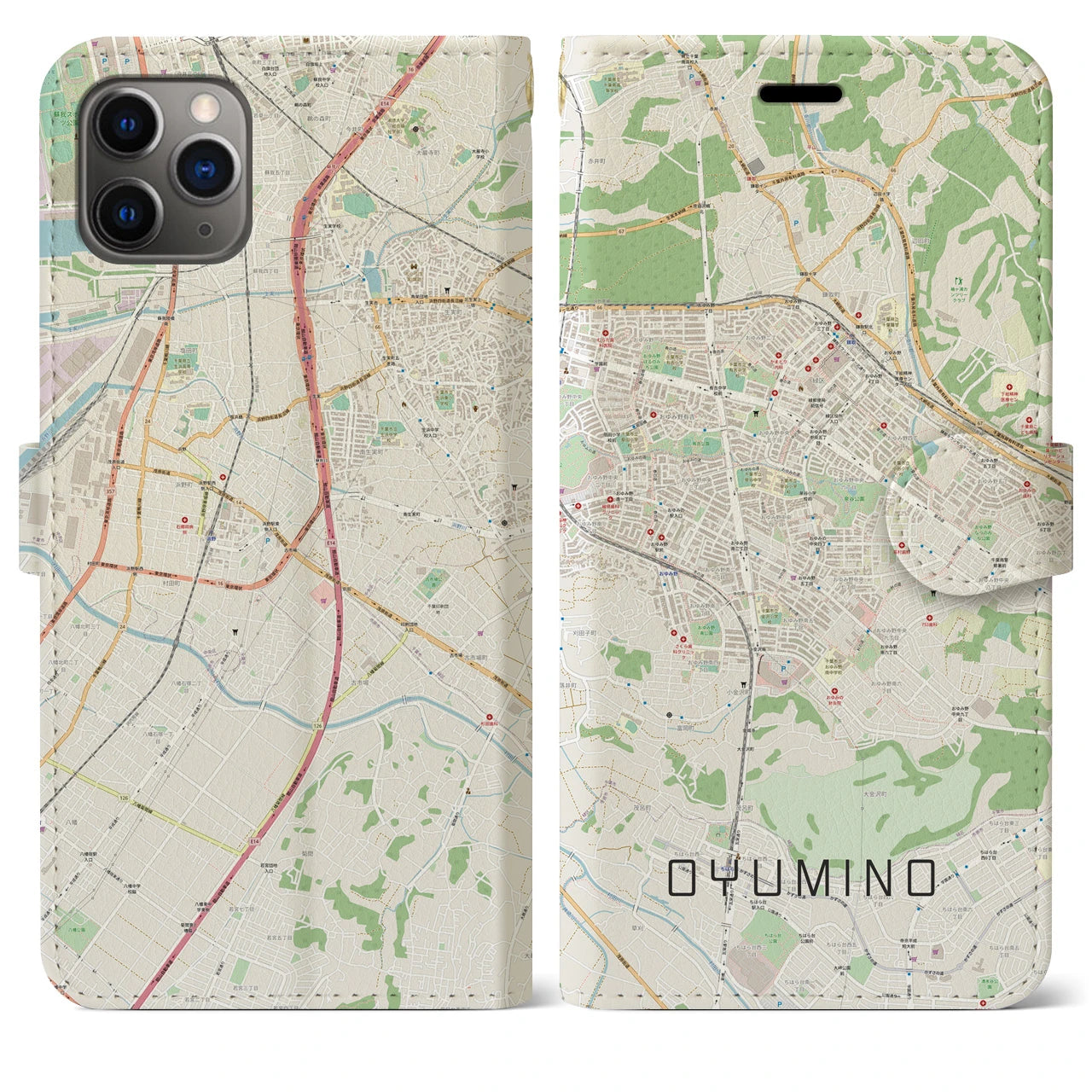 【おゆみ野(千葉県)】地図柄iPhoneケース(手帳タイプ)ナチュラル・iPhone 11 Pro Max 用