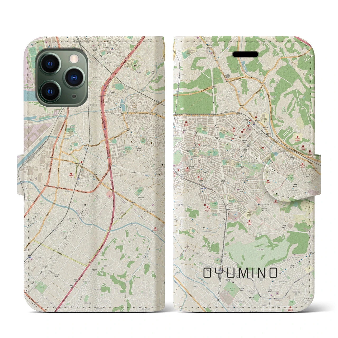 【おゆみ野(千葉県)】地図柄iPhoneケース(手帳タイプ)ナチュラル・iPhone 11 Pro 用