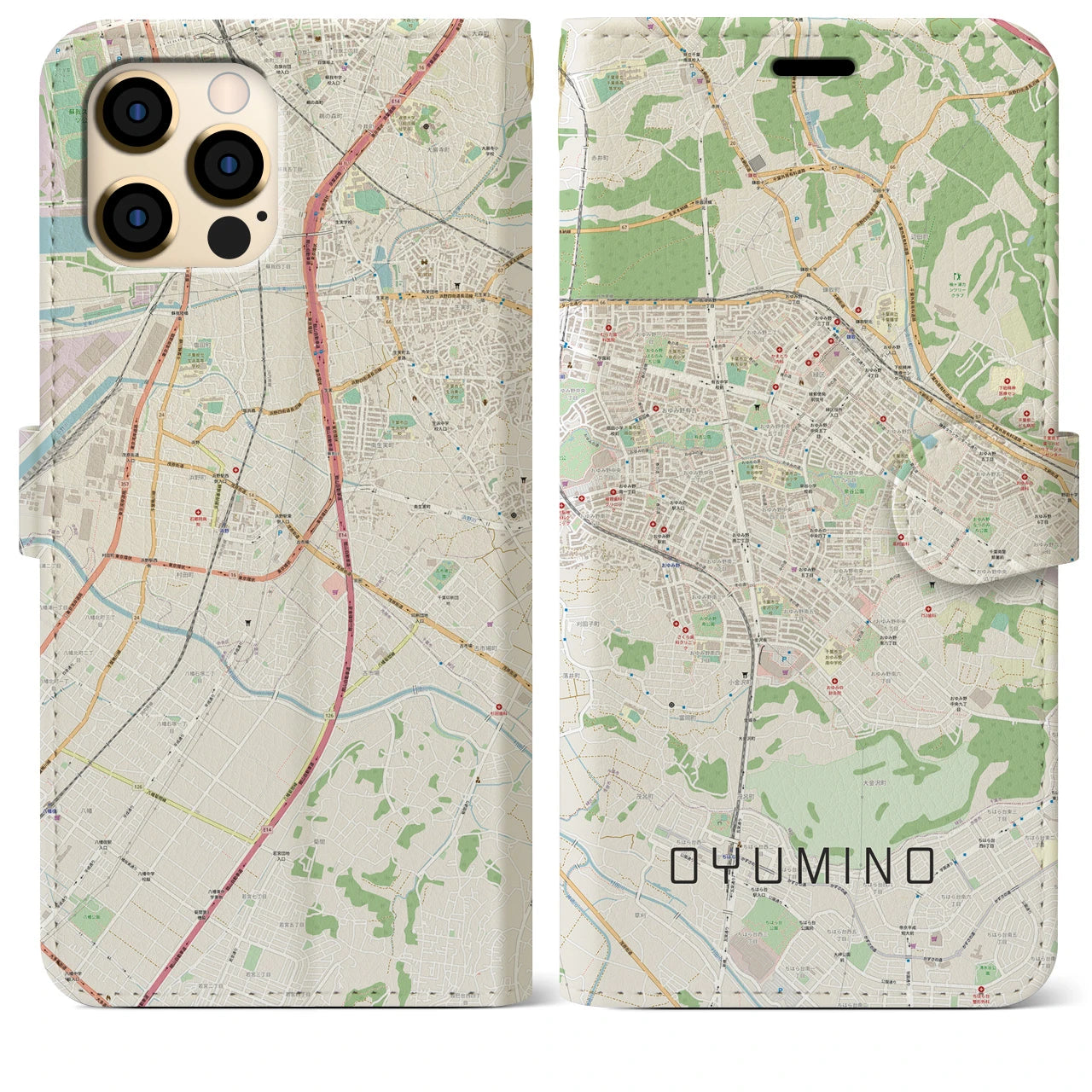 【おゆみ野(千葉県)】地図柄iPhoneケース(手帳タイプ)ナチュラル・iPhone 12 Pro Max 用