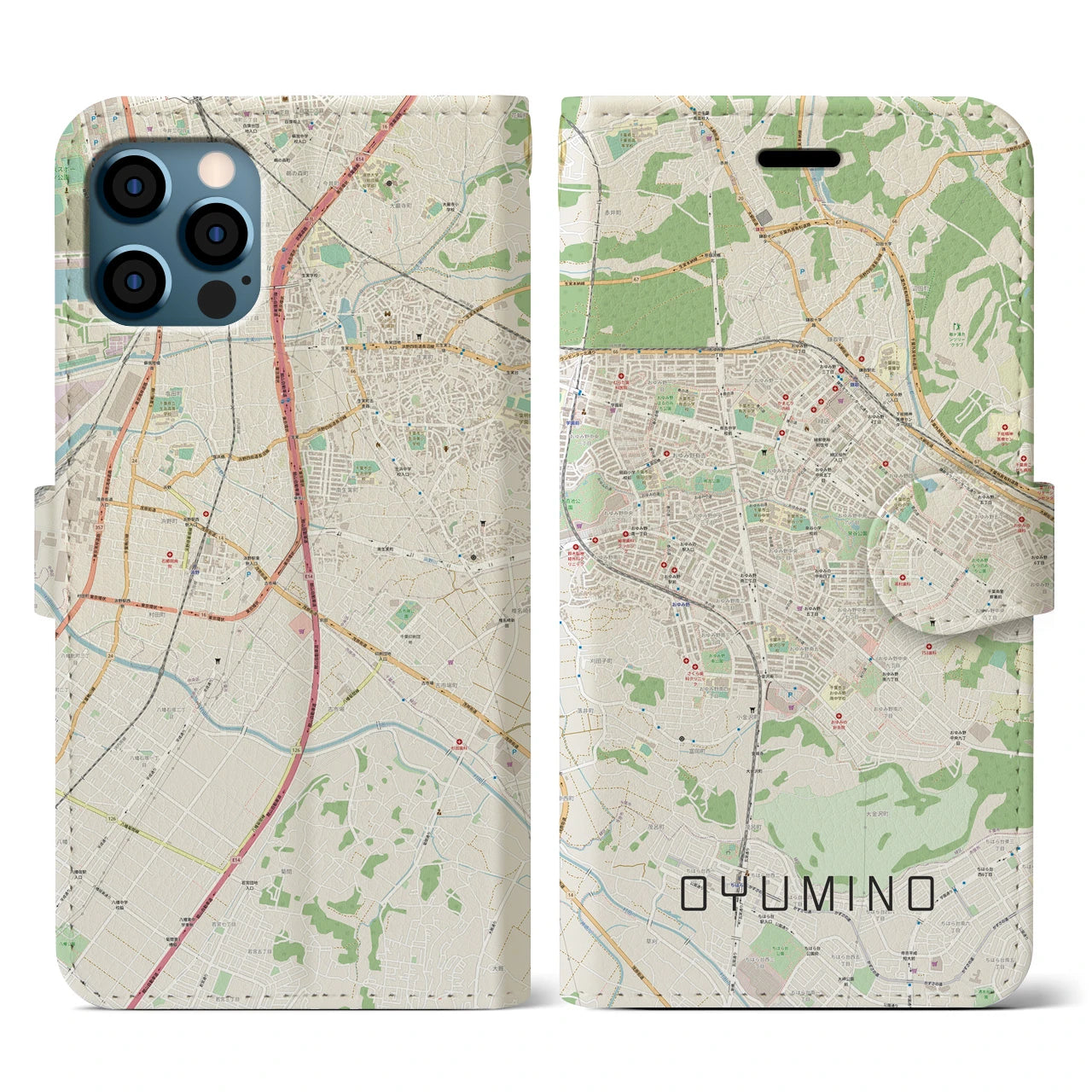 【おゆみ野(千葉県)】地図柄iPhoneケース(手帳タイプ)ナチュラル・iPhone 12 / 12 Pro 用