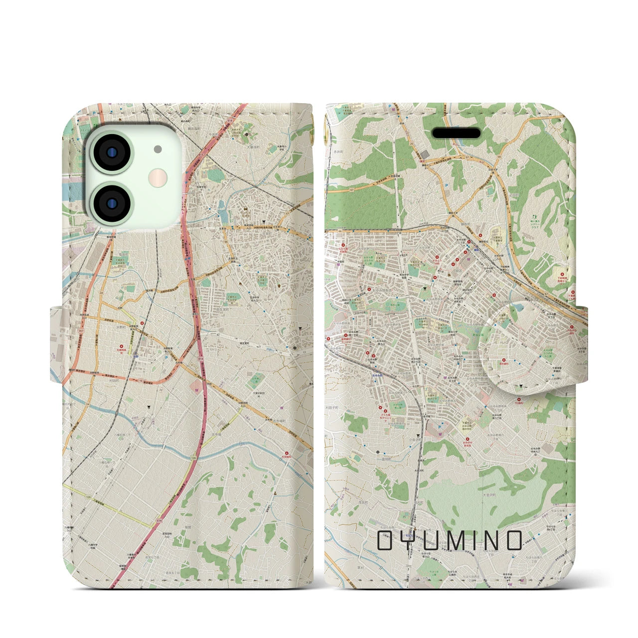 【おゆみ野(千葉県)】地図柄iPhoneケース(手帳タイプ)ナチュラル・iPhone 12 mini 用
