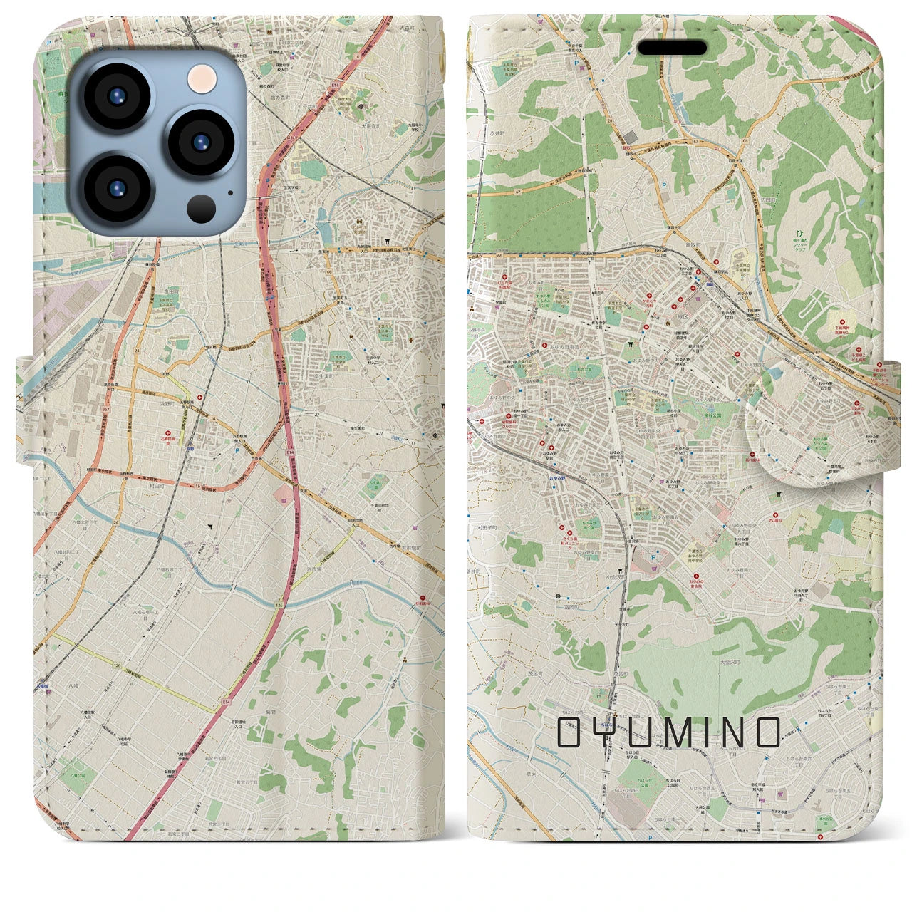 【おゆみ野(千葉県)】地図柄iPhoneケース(手帳タイプ)ナチュラル・iPhone 13 Pro Max 用