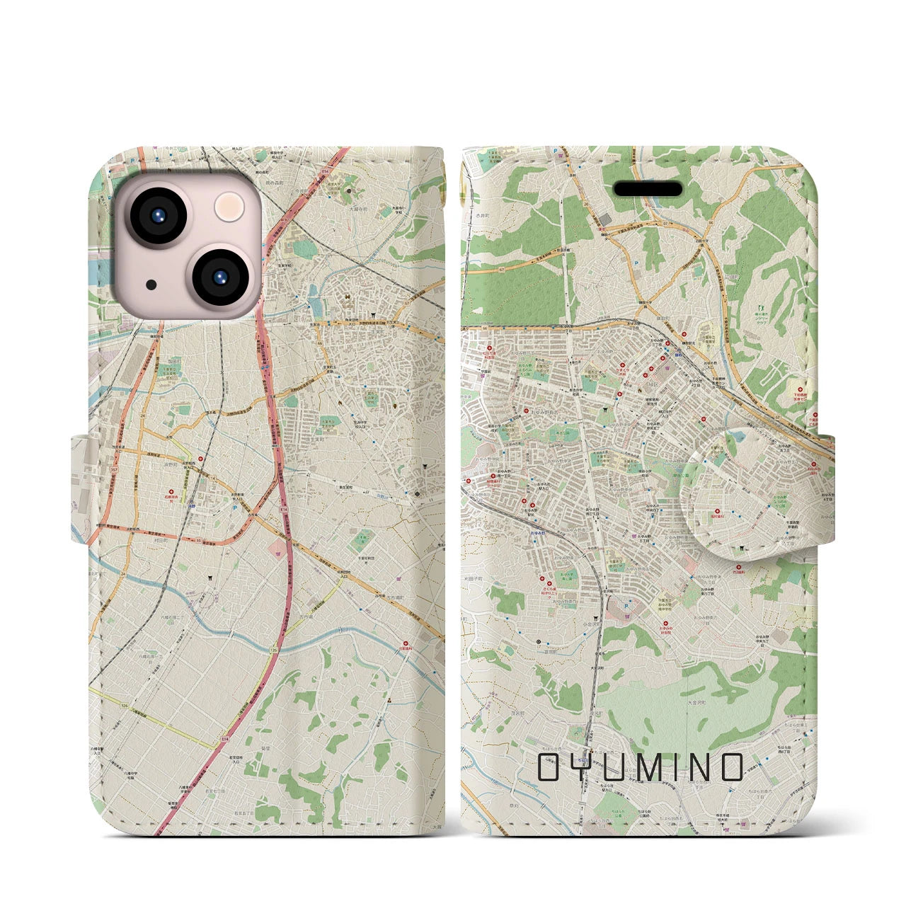 【おゆみ野(千葉県)】地図柄iPhoneケース(手帳タイプ)ナチュラル・iPhone 13 mini 用
