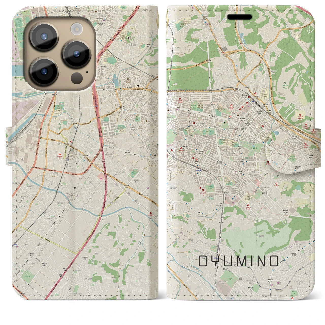 【おゆみ野(千葉県)】地図柄iPhoneケース(手帳タイプ)ナチュラル・iPhone 14 Pro Max 用