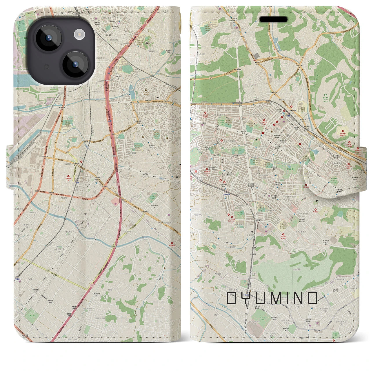 【おゆみ野(千葉県)】地図柄iPhoneケース(手帳タイプ)ナチュラル・iPhone 14 Plus 用
