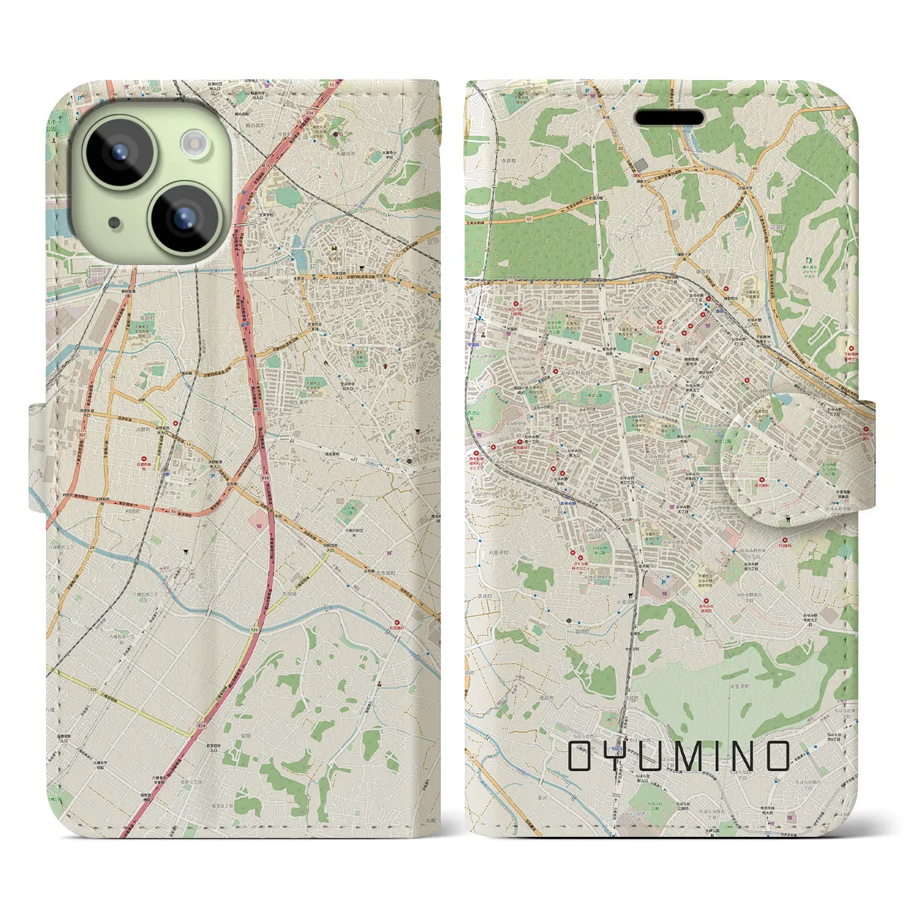 【おゆみ野(千葉県)】地図柄iPhoneケース(手帳タイプ)ナチュラル・iPhone 15 用