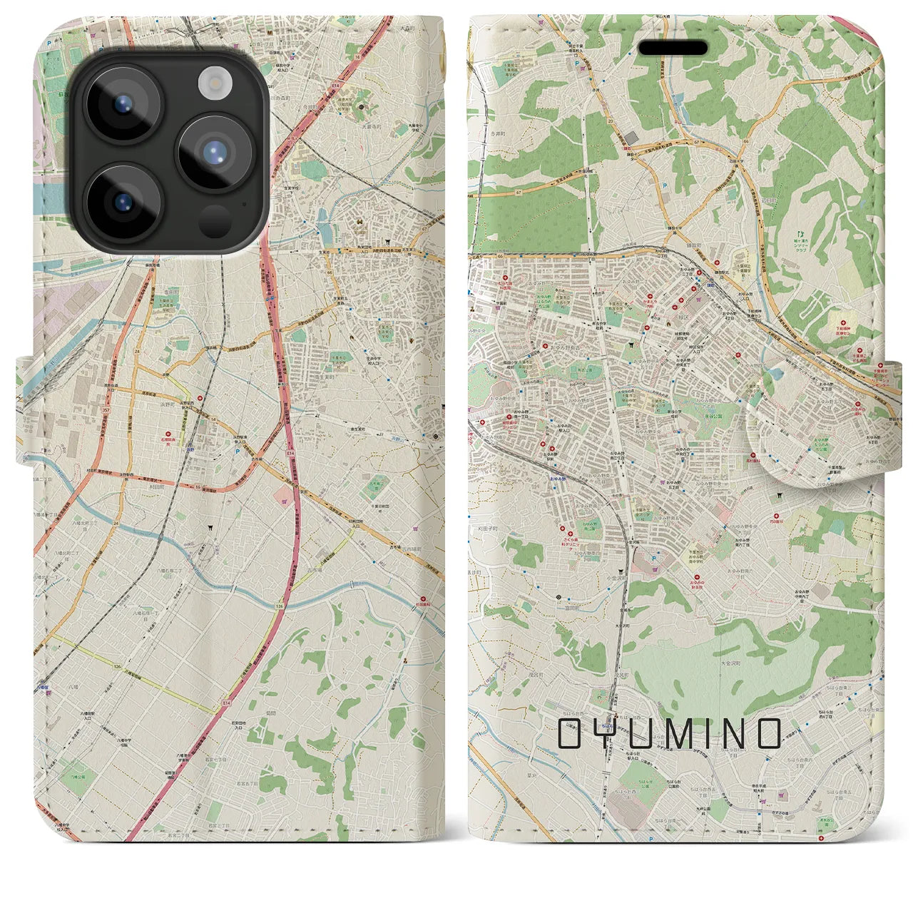 【おゆみ野(千葉県)】地図柄iPhoneケース(手帳タイプ)ナチュラル・iPhone 15 Pro Max 用