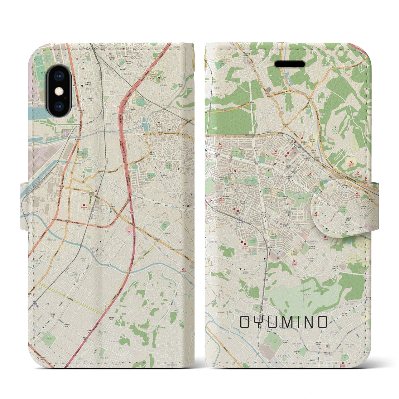 【おゆみ野(千葉県)】地図柄iPhoneケース(手帳タイプ)ナチュラル・iPhone XS / X 用