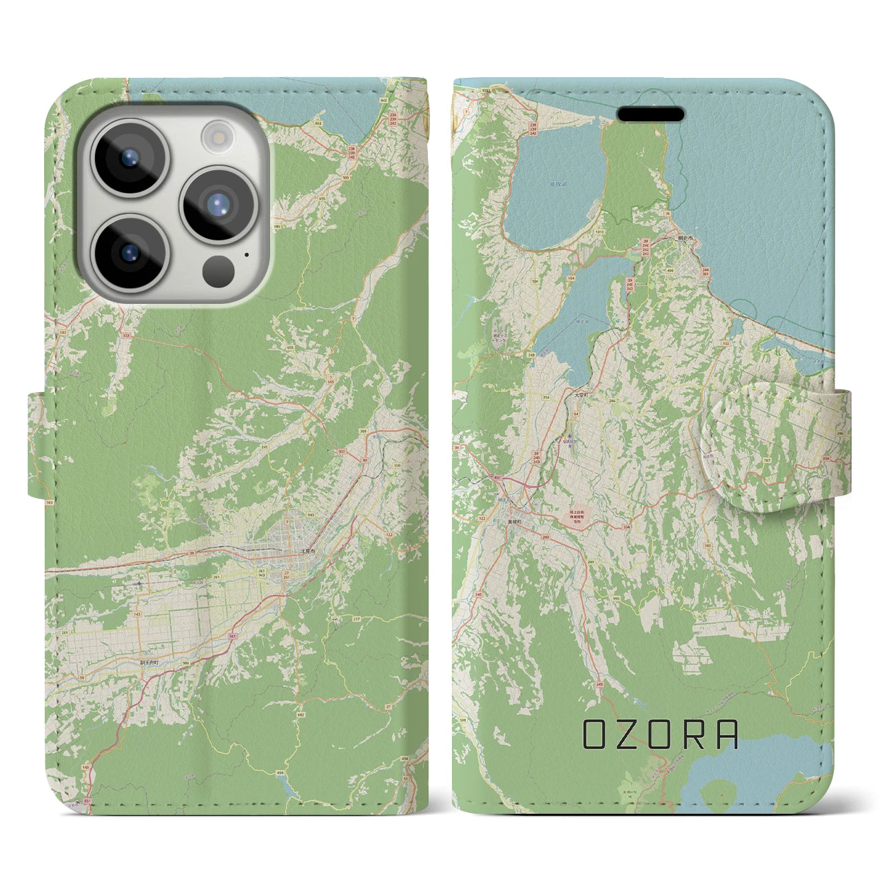 【大空(北海道)】地図柄iPhoneケース(手帳タイプ)ナチュラル・iPhone 15 Pro 用