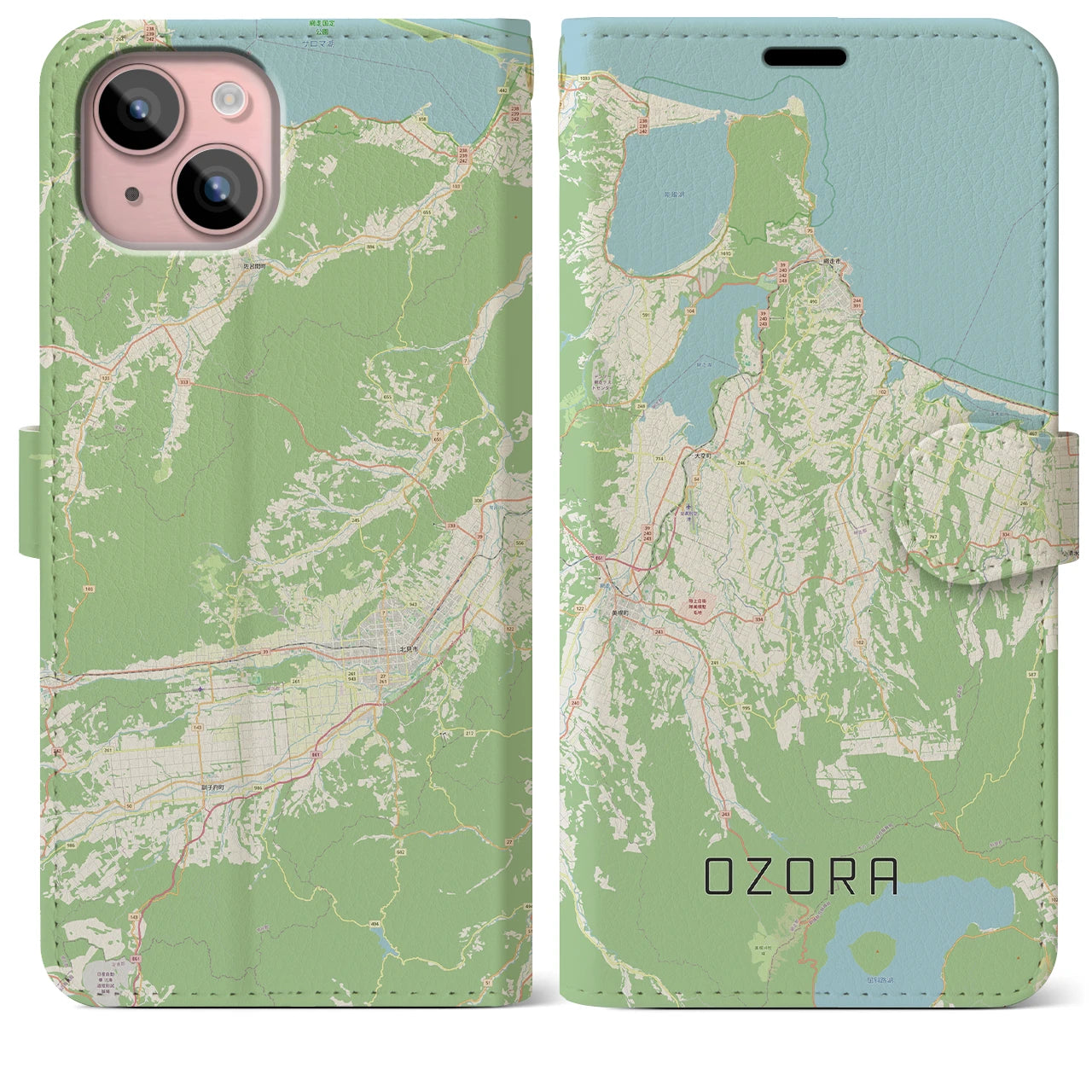 【大空(北海道)】地図柄iPhoneケース(手帳タイプ)ナチュラル・iPhone 15 Plus 用