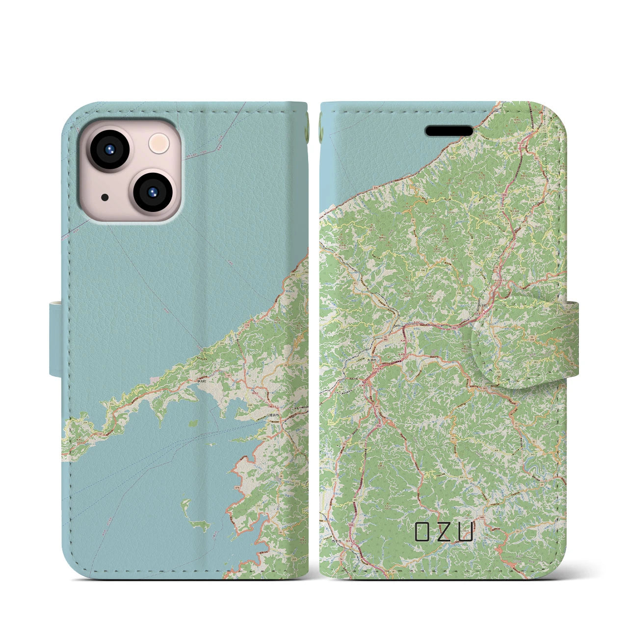 【大洲(愛媛県)】地図柄iPhoneケース(手帳タイプ)ナチュラル・iPhone 13 mini 用