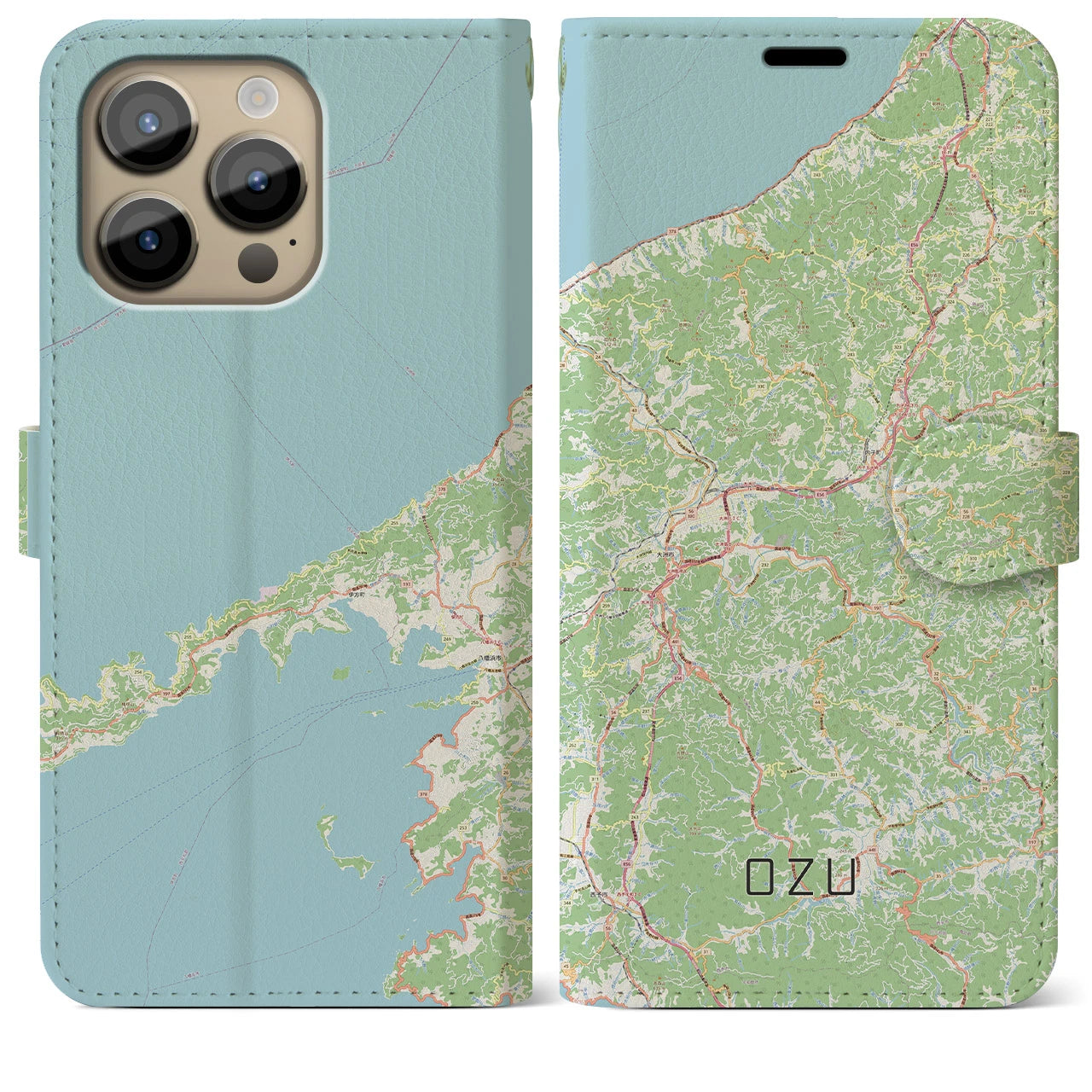 【大洲(愛媛県)】地図柄iPhoneケース(手帳タイプ)ナチュラル・iPhone 14 Pro Max 用