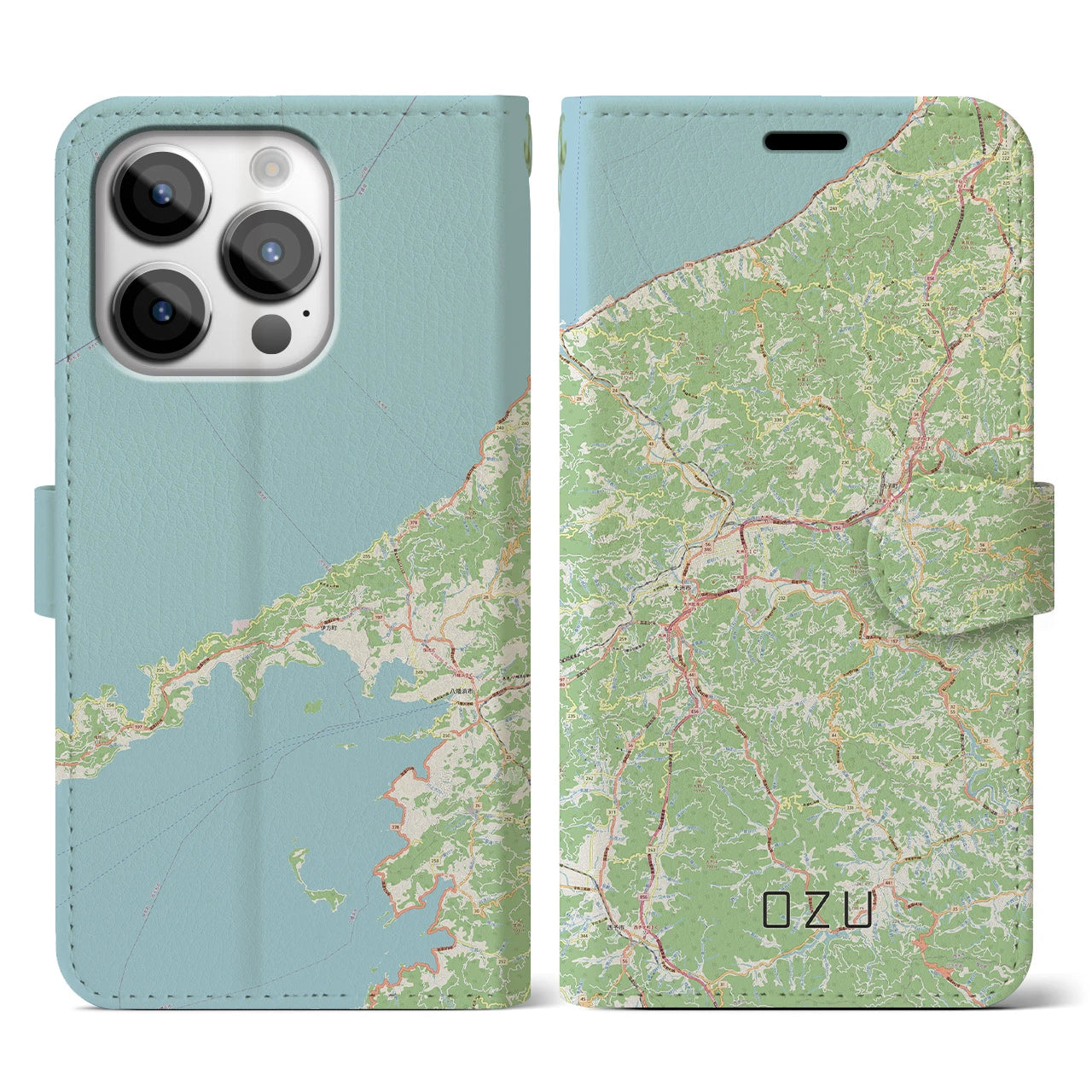 【大洲(愛媛県)】地図柄iPhoneケース(手帳タイプ)ナチュラル・iPhone 14 Pro 用