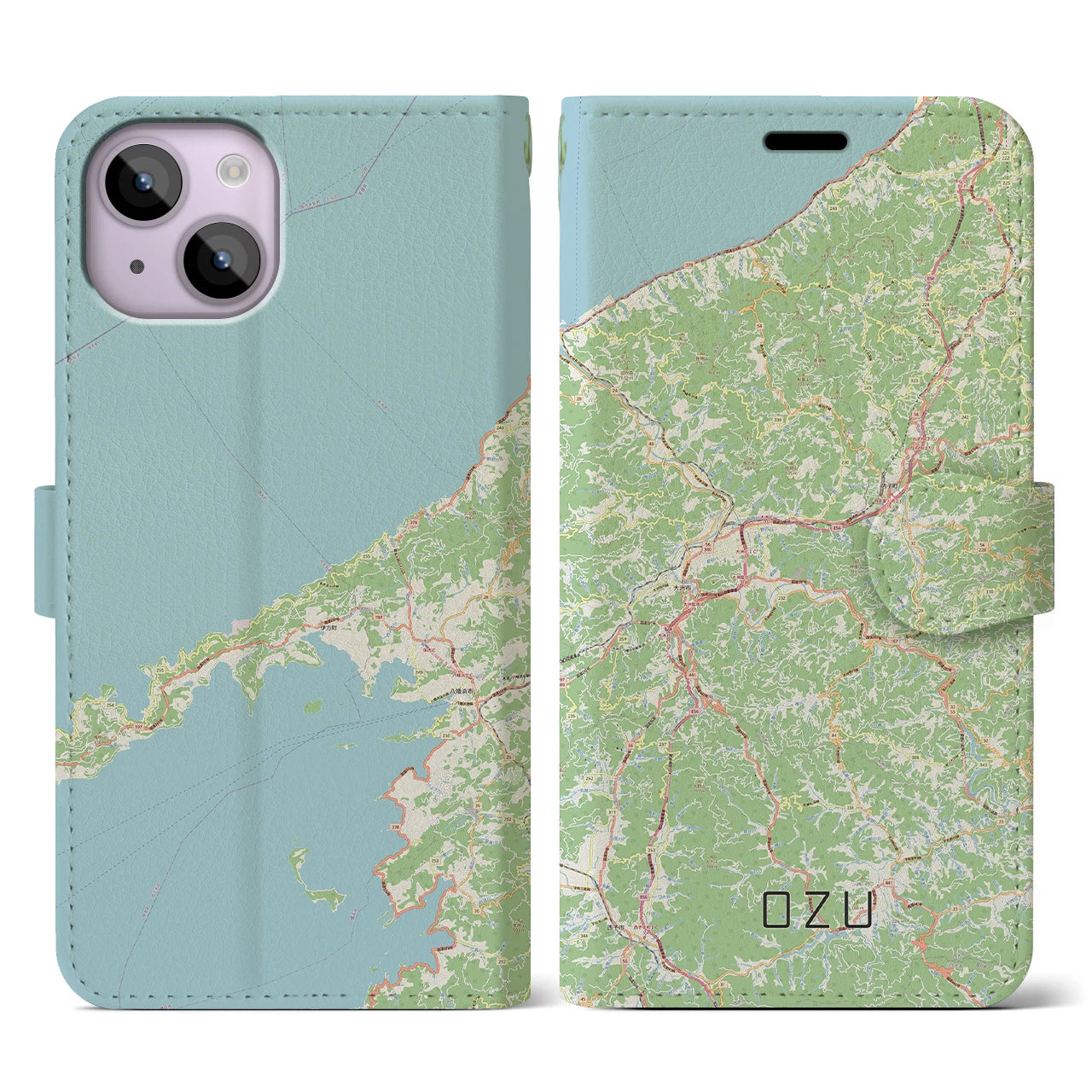 【大洲(愛媛県)】地図柄iPhoneケース(手帳タイプ)ナチュラル・iPhone 14 用