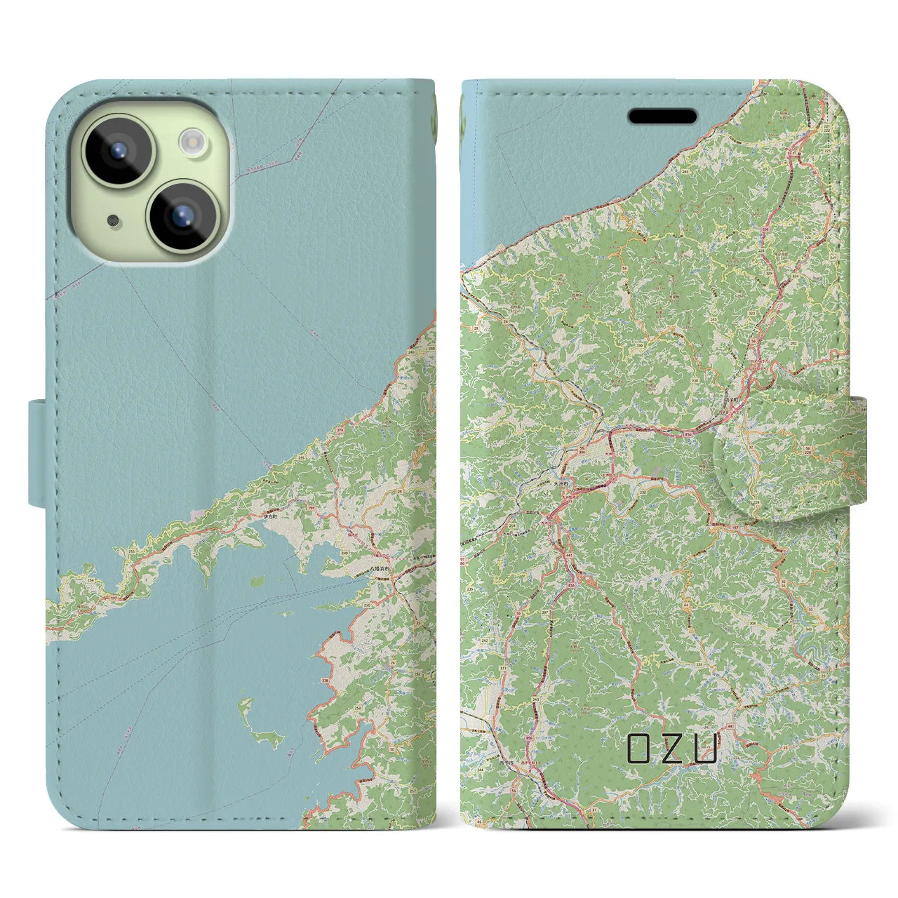 【大洲(愛媛県)】地図柄iPhoneケース(手帳タイプ)ナチュラル・iPhone 15 用
