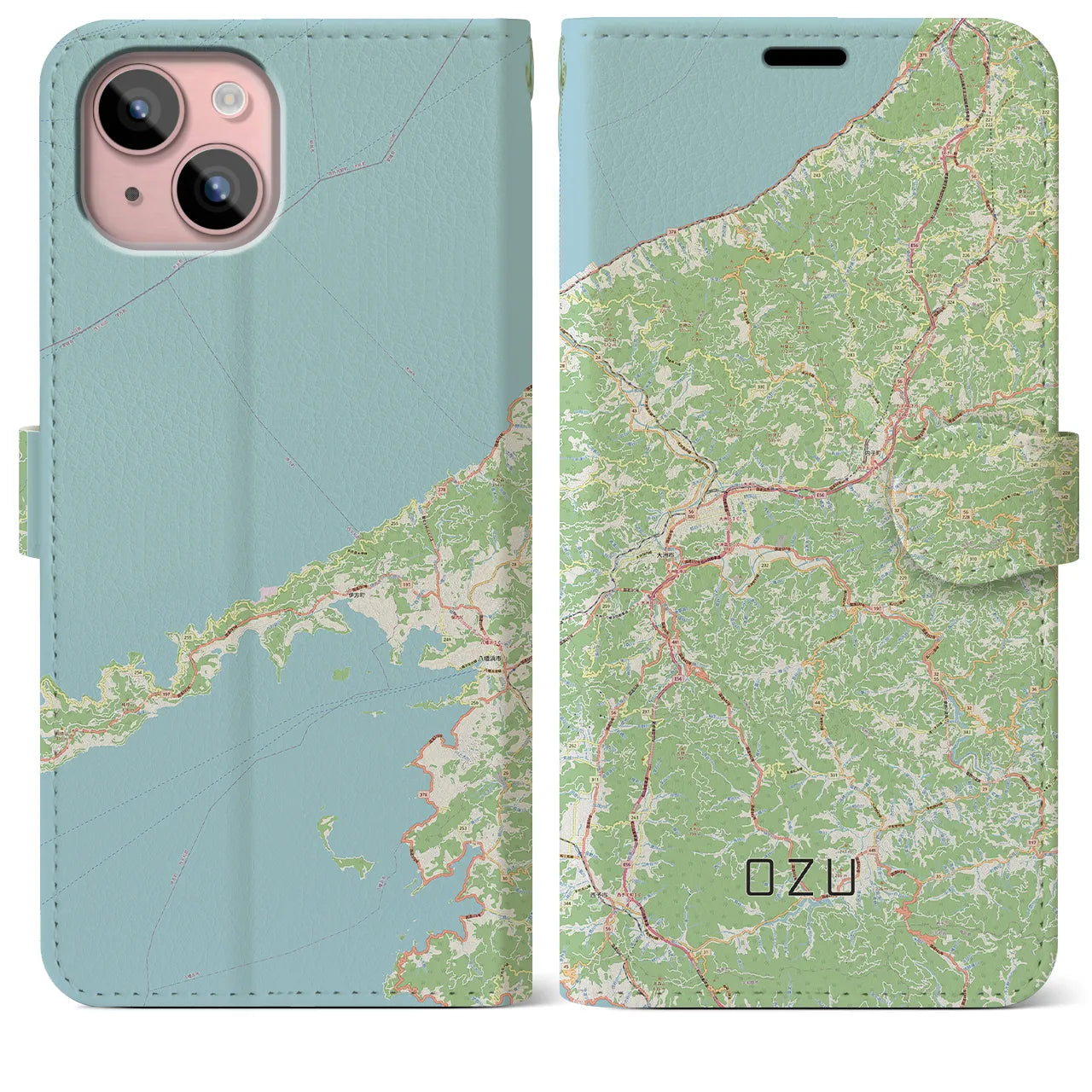 【大洲(愛媛県)】地図柄iPhoneケース(手帳タイプ)ナチュラル・iPhone 15 Plus 用