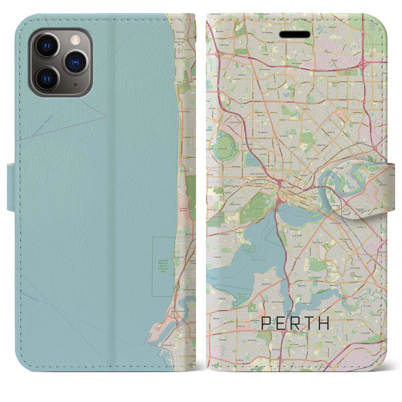 【パース(オーストラリア)】地図柄iPhoneケース(手帳タイプ)ナチュラル・iPhone 11 Pro Max 用