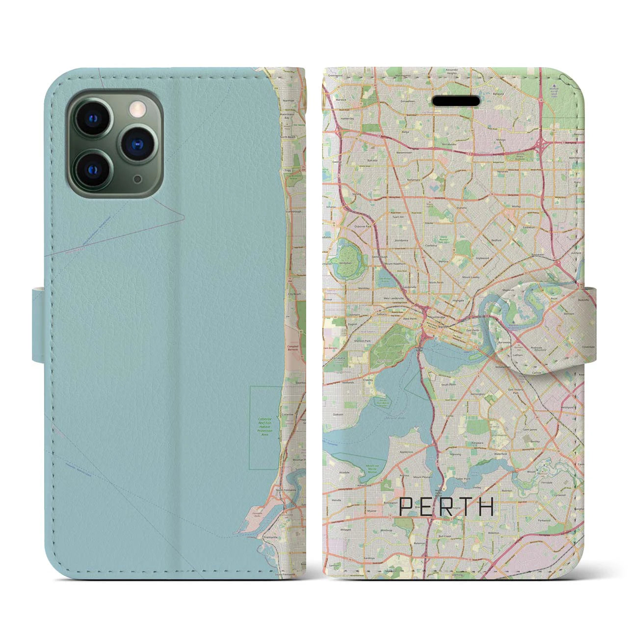 【パース(オーストラリア)】地図柄iPhoneケース(手帳タイプ)ナチュラル・iPhone 11 Pro 用