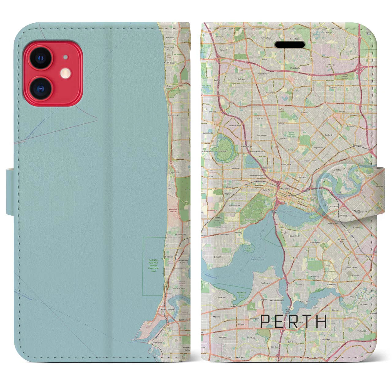 【パース(オーストラリア)】地図柄iPhoneケース(手帳タイプ)ナチュラル・iPhone 11 用