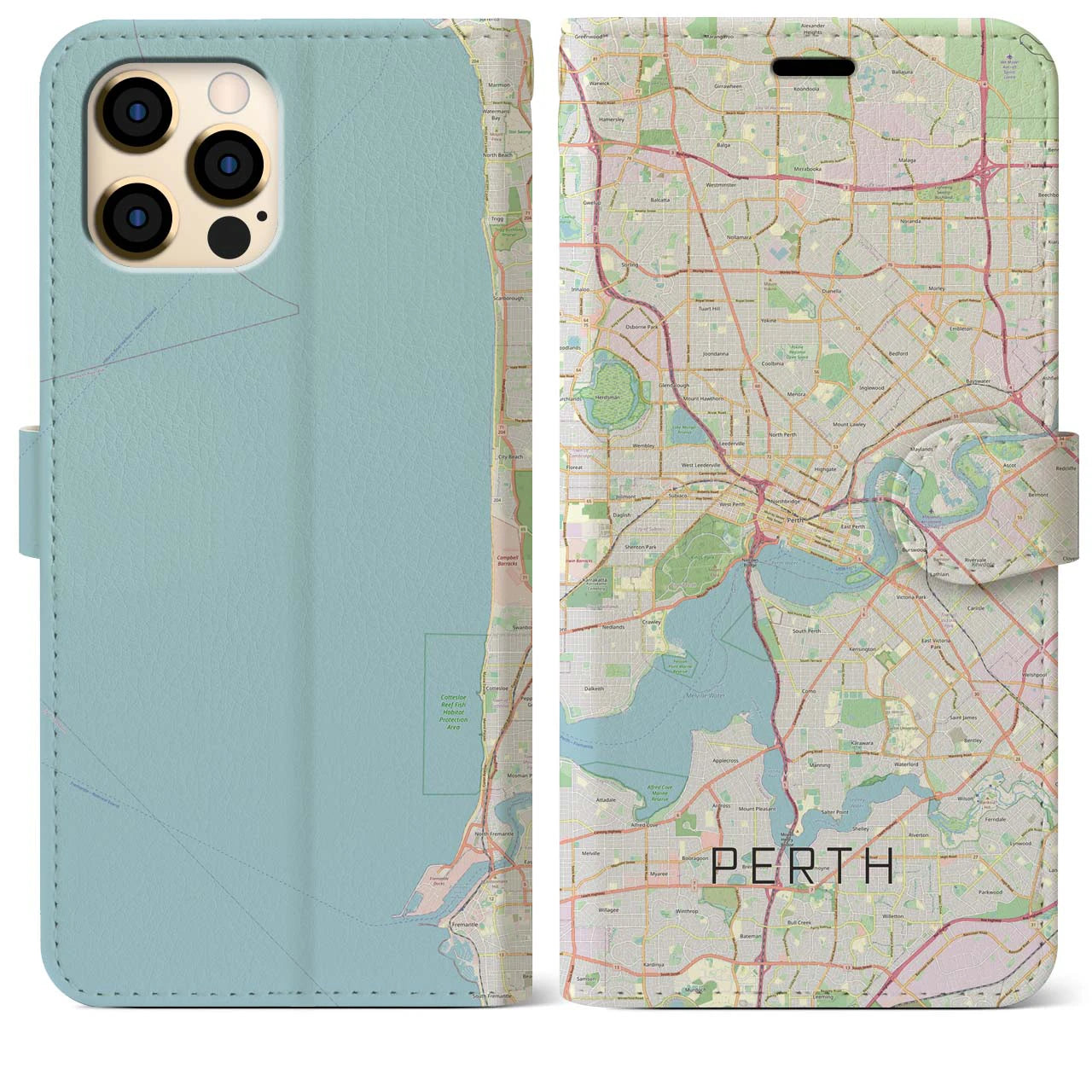 【パース(オーストラリア)】地図柄iPhoneケース(手帳タイプ)ナチュラル・iPhone 12 Pro Max 用