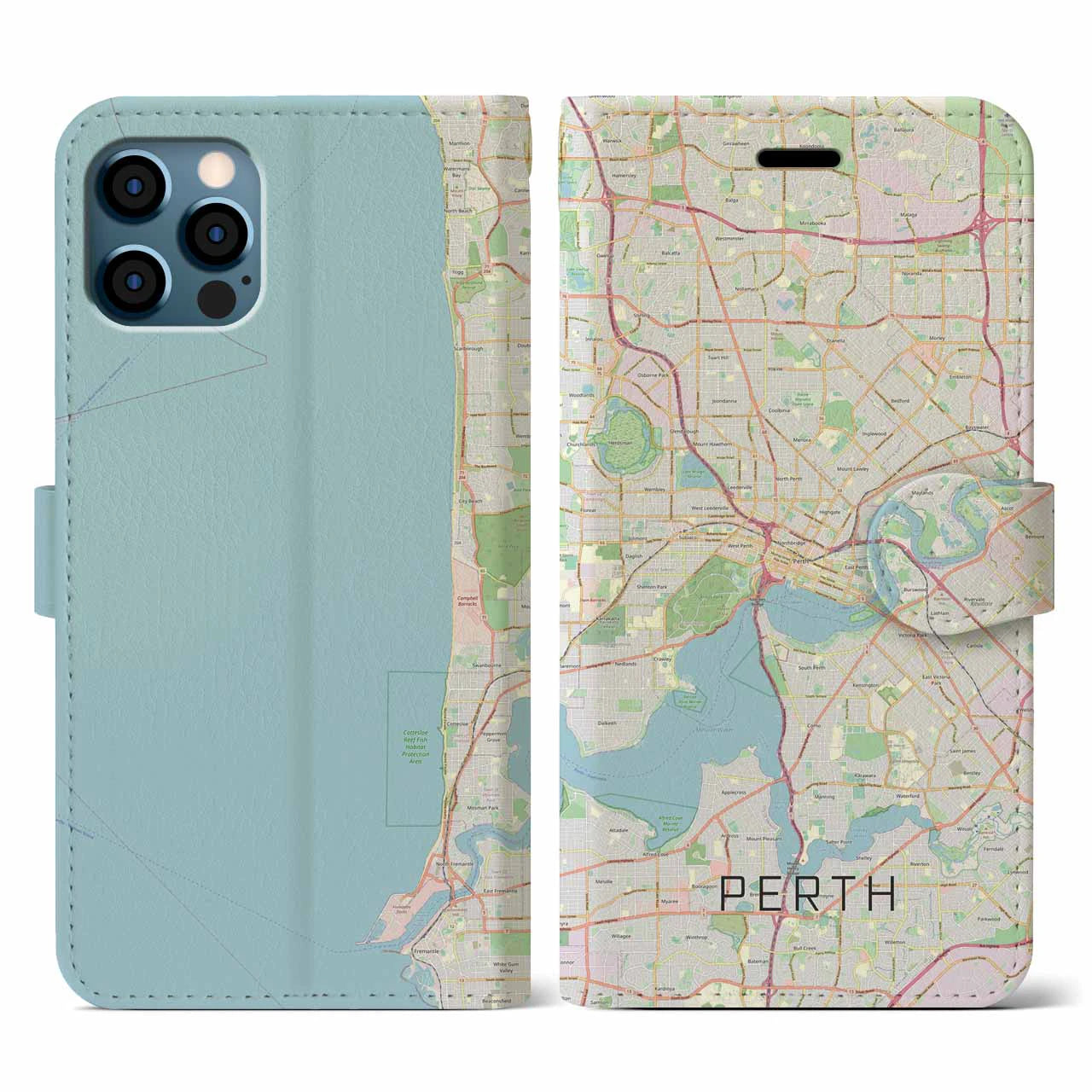 【パース(オーストラリア)】地図柄iPhoneケース(手帳タイプ)ナチュラル・iPhone 12 / 12 Pro 用