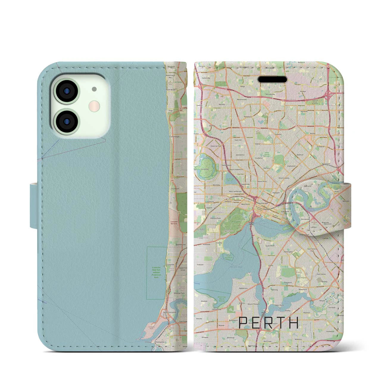 【パース(オーストラリア)】地図柄iPhoneケース(手帳タイプ)ナチュラル・iPhone 12 mini 用