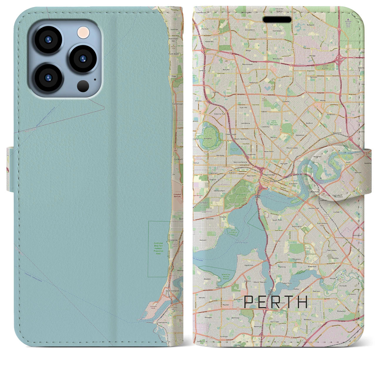 【パース(オーストラリア)】地図柄iPhoneケース(手帳タイプ)ナチュラル・iPhone 13 Pro Max 用