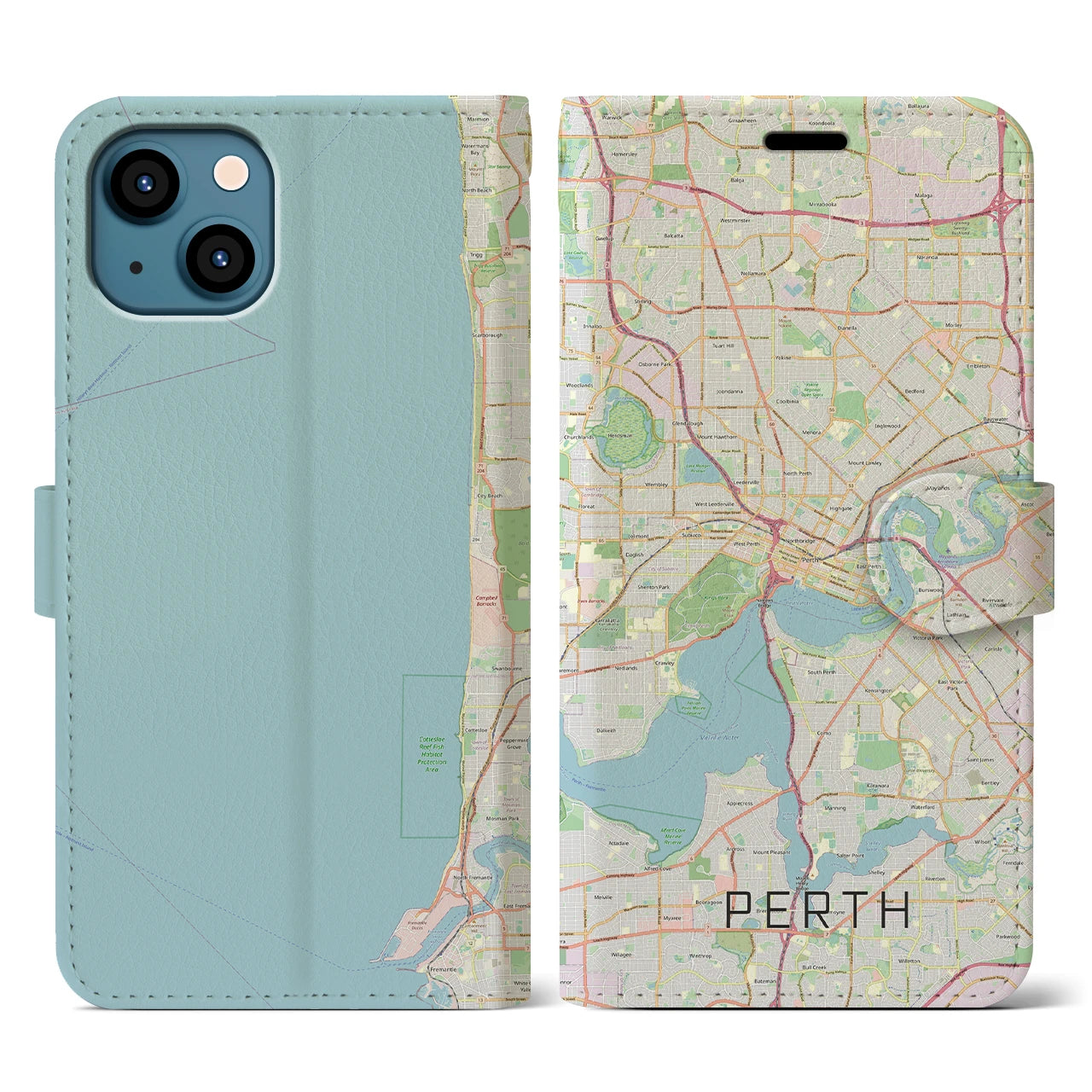 【パース(オーストラリア)】地図柄iPhoneケース(手帳タイプ)ナチュラル・iPhone 13 用