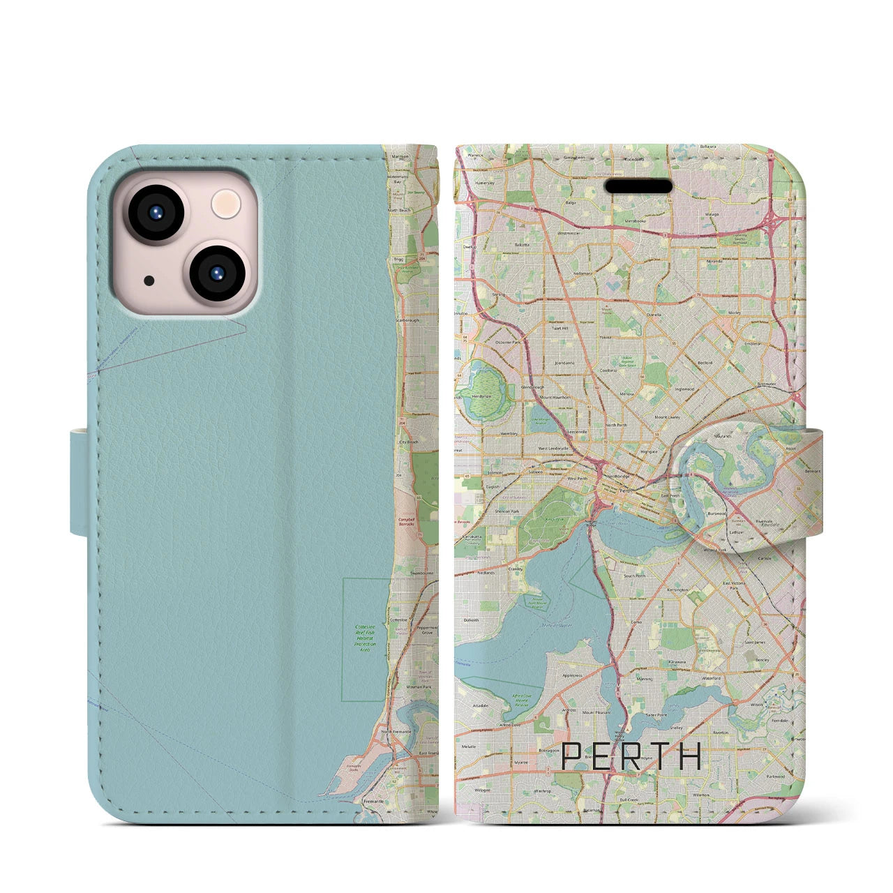 【パース(オーストラリア)】地図柄iPhoneケース(手帳タイプ)ナチュラル・iPhone 13 mini 用