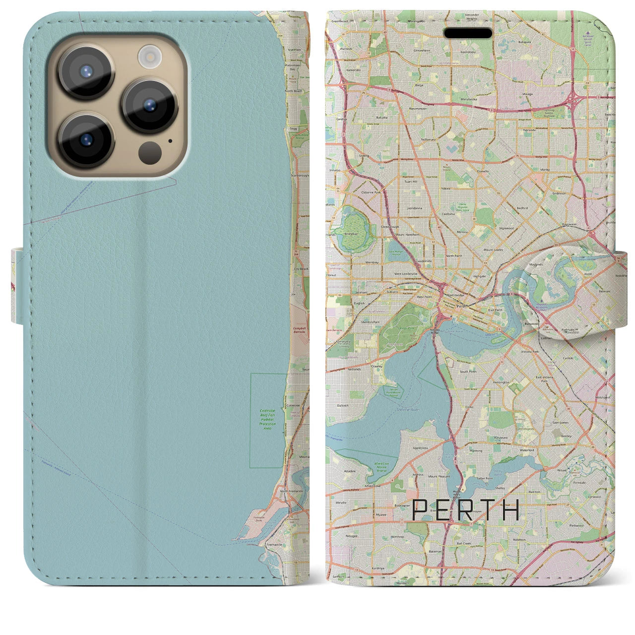 【パース(オーストラリア)】地図柄iPhoneケース(手帳タイプ)ナチュラル・iPhone 14 Pro Max 用