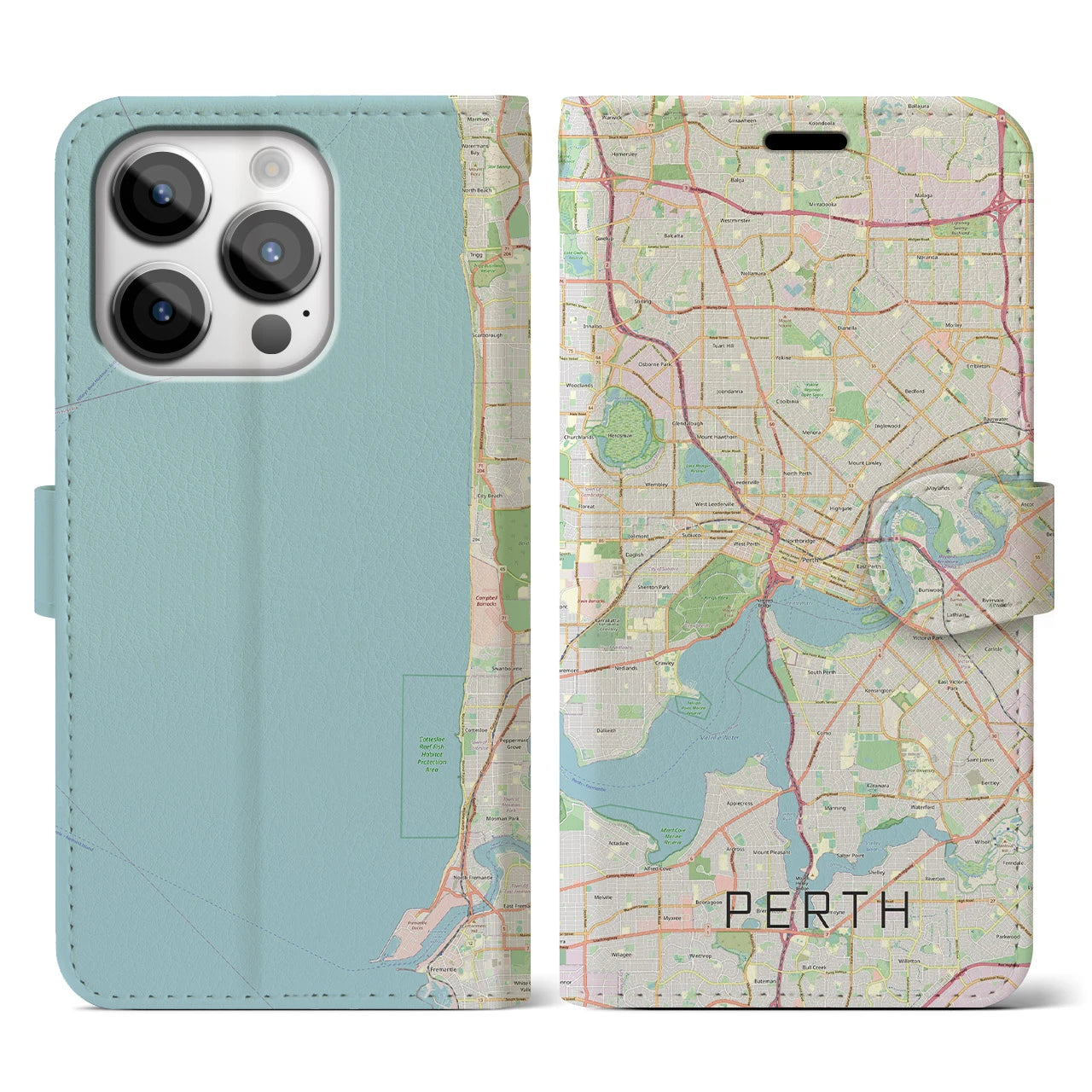 【パース(オーストラリア)】地図柄iPhoneケース(手帳タイプ)ナチュラル・iPhone 14 Pro 用