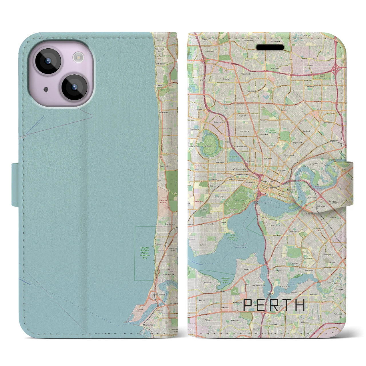 【パース(オーストラリア)】地図柄iPhoneケース(手帳タイプ)ナチュラル・iPhone 14 用
